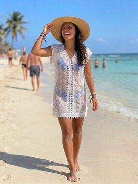 Vintage Lace Crochet Floral Embroidery Sheer White Swimsuit CoverUp V-Neck Dress